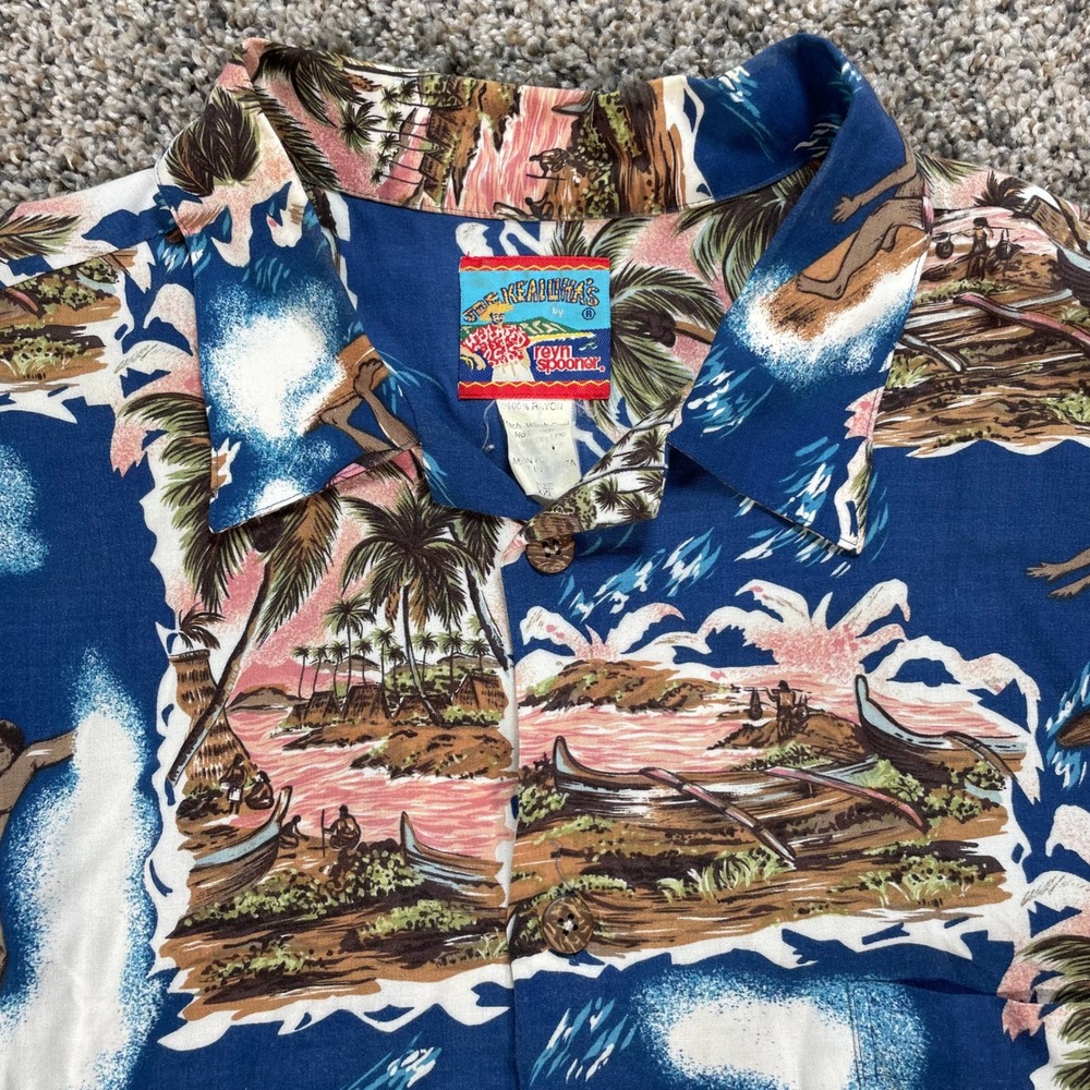 Reyn Spooner Joe Kealoha Hawaiian Men's XXL Shirt Blue Rayon Surfer Scenic Camp
